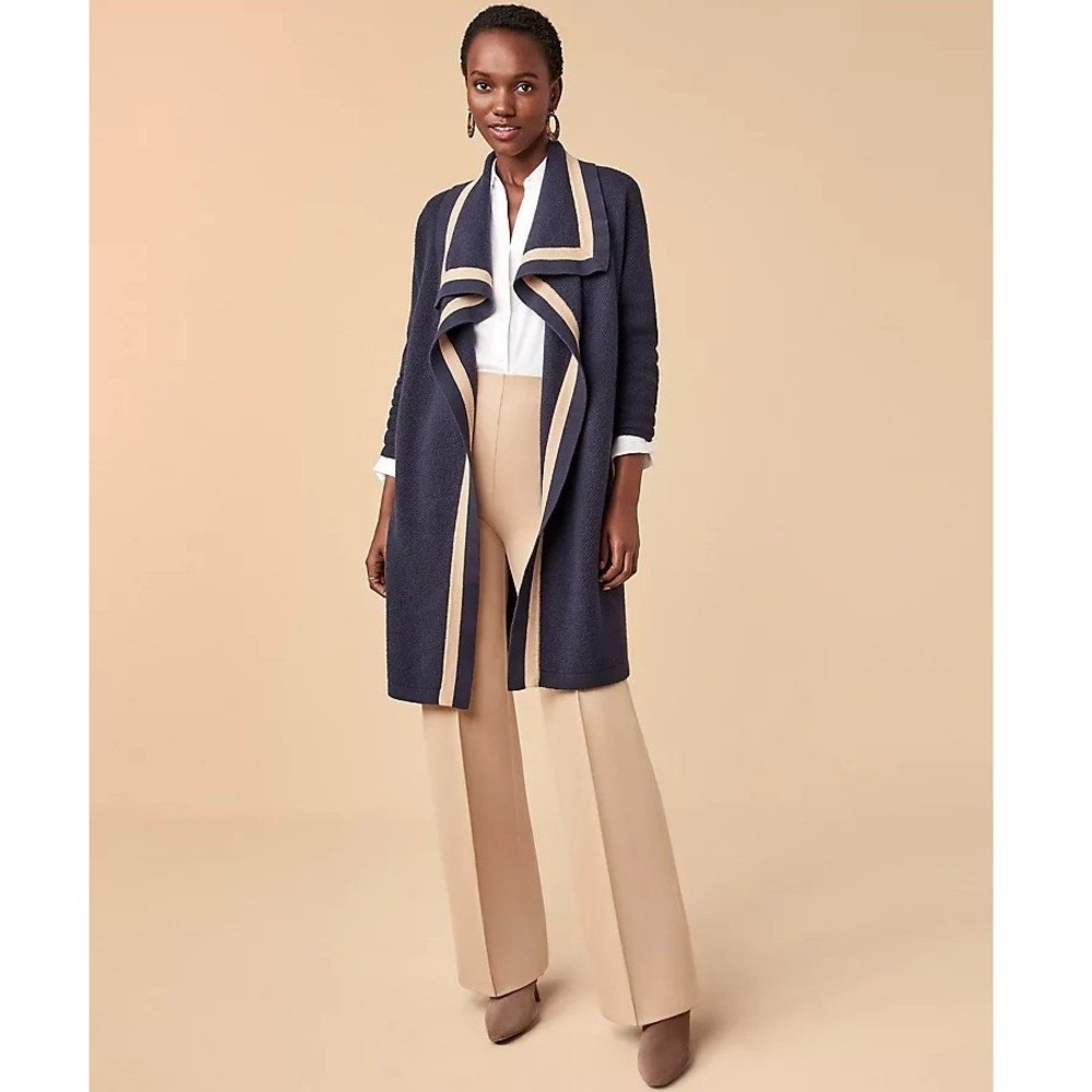 ANN TAYLOR Striped Trim Cascade Cardigan Sweater Navy w/ Beige Trim Size XS NEW - Picture 1 of 11